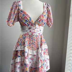 Altar’d State Floral Puff Sleeve Tiered Mini Dress Size S Lace Trim